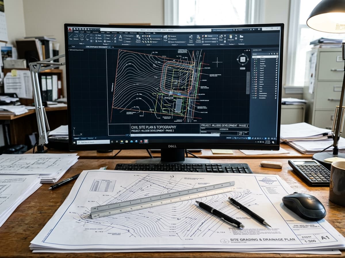 Proses drafting gambar teknik AutoCAD dan pemodelan surface topografi Brayan Survey Konstruksi